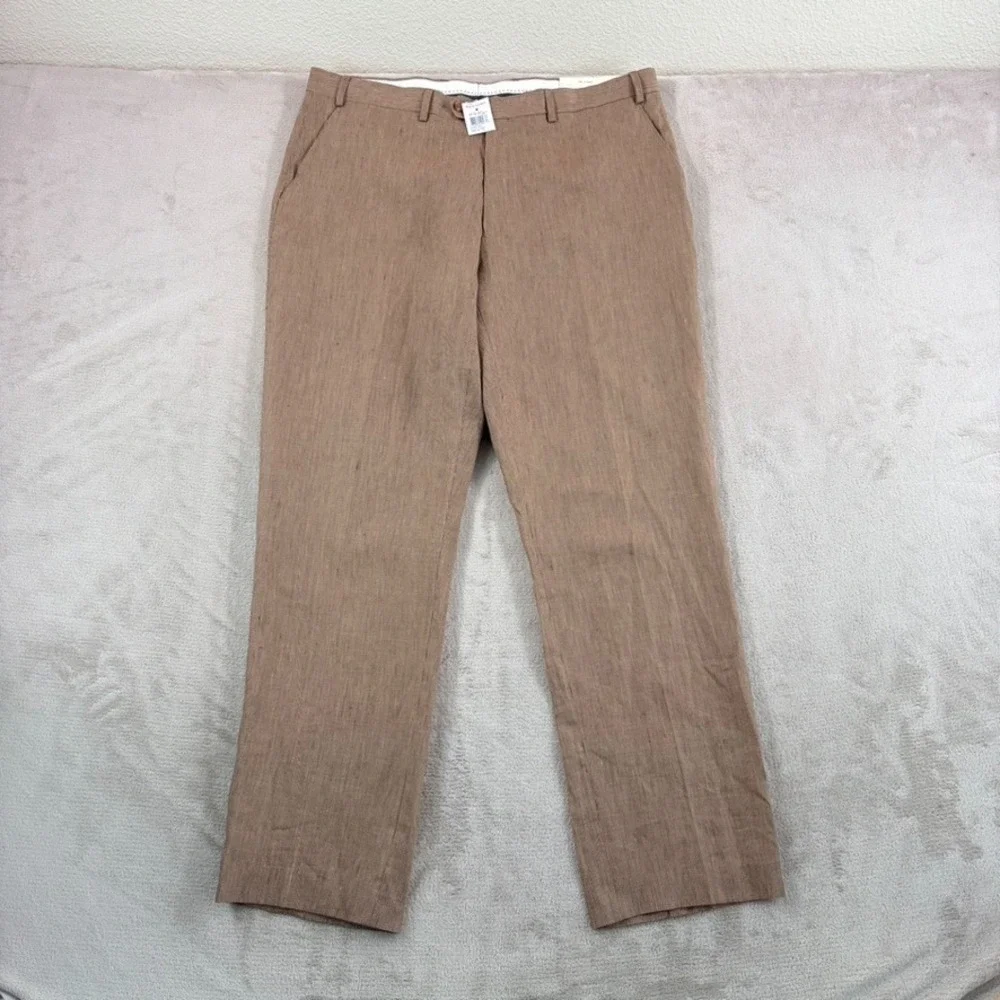 Lauren Ralph Lauren Trim Fit Trouser Pants in Brown 100% Linen Flat Front NWT